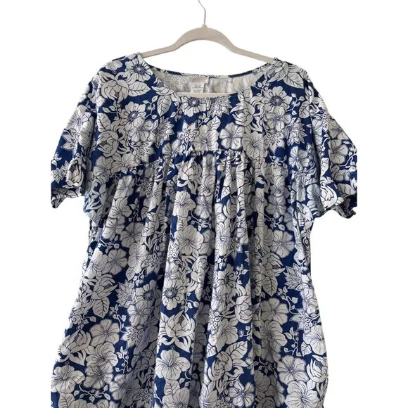 Vintage Simply Basic Blue & White Floral Cotton Midi Dress With Pockets L - Picture 3 of 13